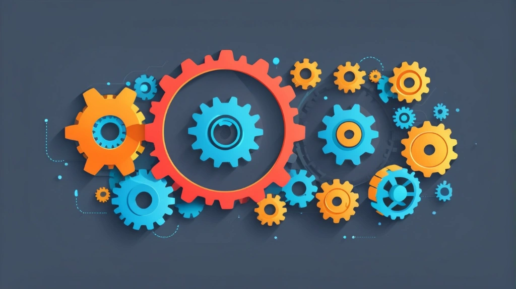 Database administration and automation concept, gears and SQL symbols, modern vector style
