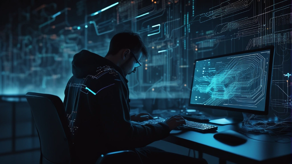 A futuristic backend developer at night with glowing code, surrounded by abstract data flows, digital style, dark color palette