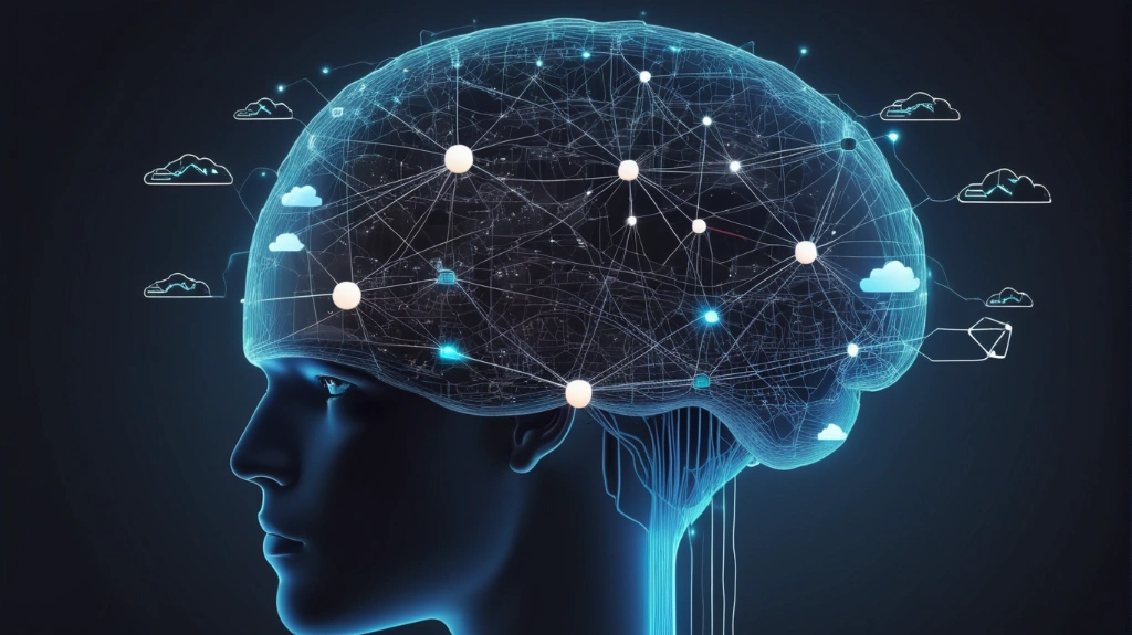 Neural network and AI API integration, futuristic concept, local server with brain and cloud elements