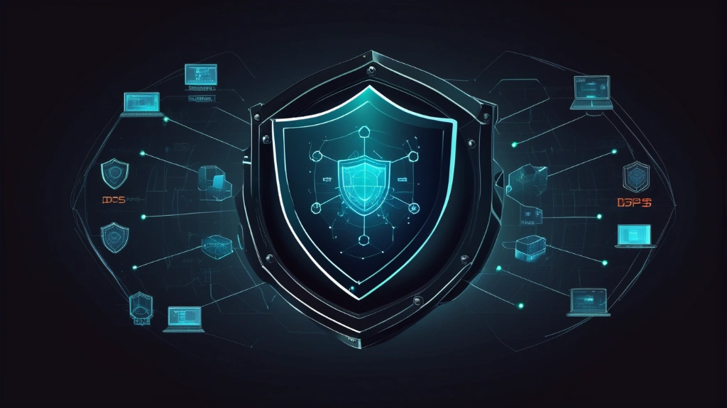 DDoS protection and networking shield, game server diagram, dark cybersecurity theme, digital style