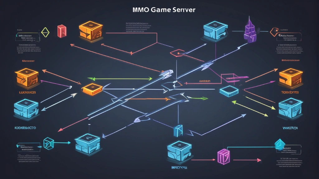 MMO game server backend diagram, gameplay logic blocks, client-server arrows, vector diagram style