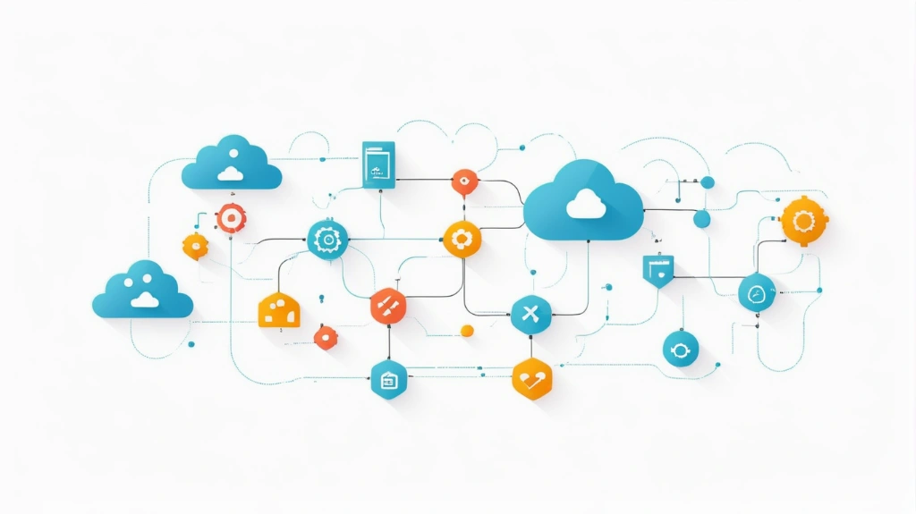 REST API concept, connected services and cloud symbols, minimal flat vector design, white background