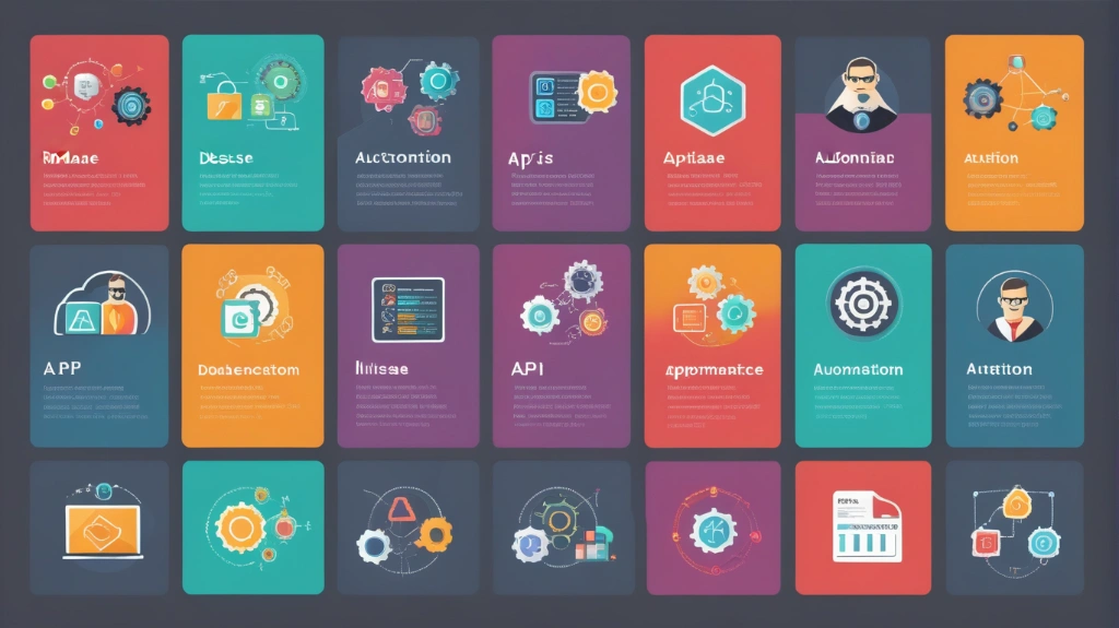 Infographic of a developer's skills: backend, database, automation, API, cybersecurity, colorful icons, flat modern style